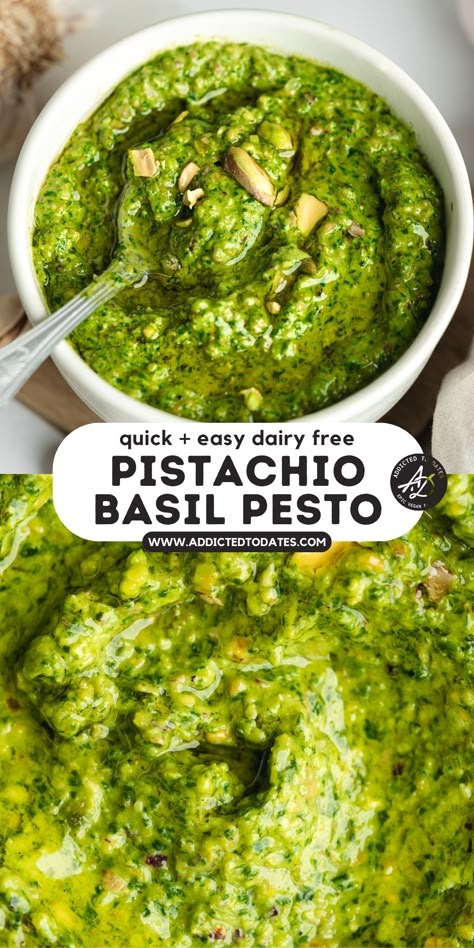 Quick & Easy Pistachio Pesto (dairy free) - Addicted to Dates Pesto With Pistachios, Pistachio Basil Pesto, Basil Pistachio Butter, Vegan Tahini Dressing, Venison Sausage Recipes, Vegan Tart, Vegan Salad Dressing Recipes, Venison Sausage, Basil Pesto Recipe