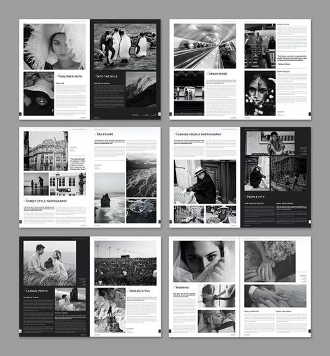 Photography Magazine Template InDesign. 14 Pages. Photo Magazine Layout Design, Indesign Layout Templates, Photo Magazine Layout, Booklet Photography, Photography Magazine Layout, Photography Magazine Design, Indesign Layout Inspiration, Magazine Spread Design, Personal Magazine