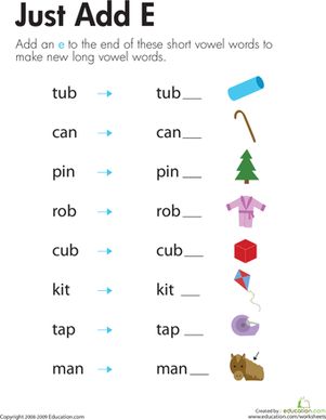 Silent "e" worksheets are important to phonics success. In this silent "e" worksheet, kids learn how to make silent "e" words out of long vowels sounds. Vowel Consonant E Worksheets, Vowels Worksheet, E Worksheet, Vowel Consonant, Phonics Spelling, Silent E, First Grade Phonics, Long Vowel, Spelling Worksheets