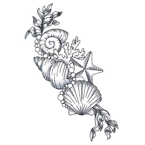 Seashell Shoulder Tattoo, Seashell Tattoo Sleeve, Unique Beach Tattoos, Treasure Tattoo Ideas, Unique Pretty Tattoos Beautiful, Sea Sleeve Tattoo, Beach Themed Tattoos For Women, Shell Tattoo Design, Sea Tattoo Design