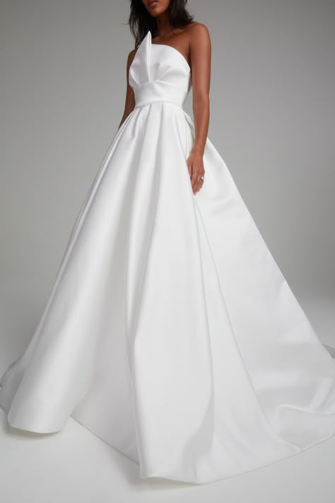 Italian double face duchess satin ball gown with architectural bias overlap bodice. Unique Ballgown Wedding Dress, Bubble Skirt Wedding Dress, White Debutante Dresses, White Debutante Ball Gown, Debutante Dresses White Ball Gowns, Architectural Wedding Dress, Satin Ballgown Wedding Dress, Bride Glam, Satin Ball Gown Wedding Dress