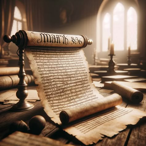 An ancient scroll unrolled on a wooden table, with the text of Mark 8:36 written in beautiful calligraphy. Alexandria Aesthetic, Love In Bible, Scroll Background, Winter Library, Christmas Nativity Scene Display, Ancient Scrolls, Bible Study Plan, Nativity Scene Display, Torah Scroll