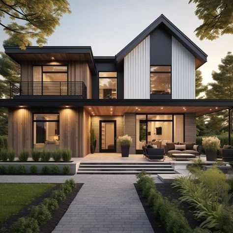 Modern House Big Windows Exterior, Nature House Design Architecture, Modern Farm Houseplans Exterior, Modern Forest House Exterior, Contemporary Mountain Home Exterior, Modern Addition To Old House, Transitional House Exterior, Contemporary Home Exteriors, Modern Contemporary House Exterior