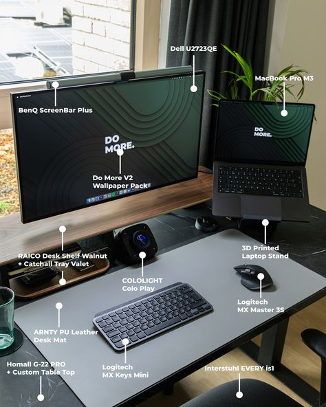 Updated Desk Setup Specs 🖥️👇 Get the Do More V2 Wallpaper Pack in my bio ✅ The tabletop is from a local DIY store (HUBO) here in Belgium, and the desk dimensions are 160cm x 70cm. This 3D printed laptop stand I found on Maker World - “The Impossible Laptop Stand v2” Like and follow @clean.desk.setup for daily desk inspiration! ✨ #DeskSetup #Workspace #Productivity #HomeOffice #OfficeInspiration #Minimalist #DeskDecor #workspaceinspiration Pc Setup With Laptop, Minimalist Setup Desks, Minimalist Laptop Setup, Architecture Desk Setup, Desktop Setup Minimalist, Laptop Desktop Setup, Laptop Setup Ideas, Study Table Aesthetic, Clean Desk Setup