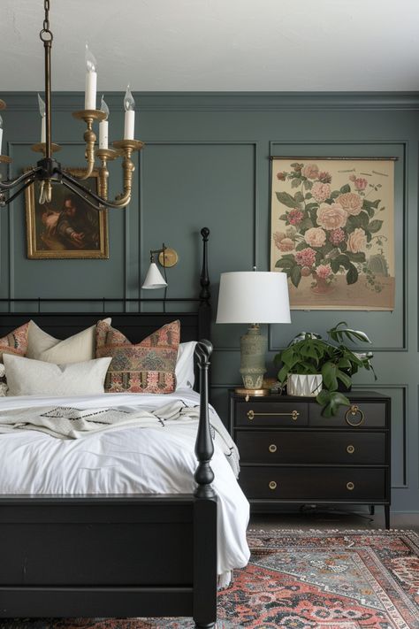 27 Rustic Sage Green Farmhouse bedroom Ideas Neutral And Green Bedroom Ideas, Bedroom Dark Green Aesthetic, Bedroom In Sage Green, Dark Academia Guest Bedroom, Modern Farmhouse Bedroom Ideas Master, Bedroom With Tall Ceilings Master Suite, Emerald Green And Black Bedroom Ideas, Moody Sage Green Bedroom, Tudor Style Bedroom