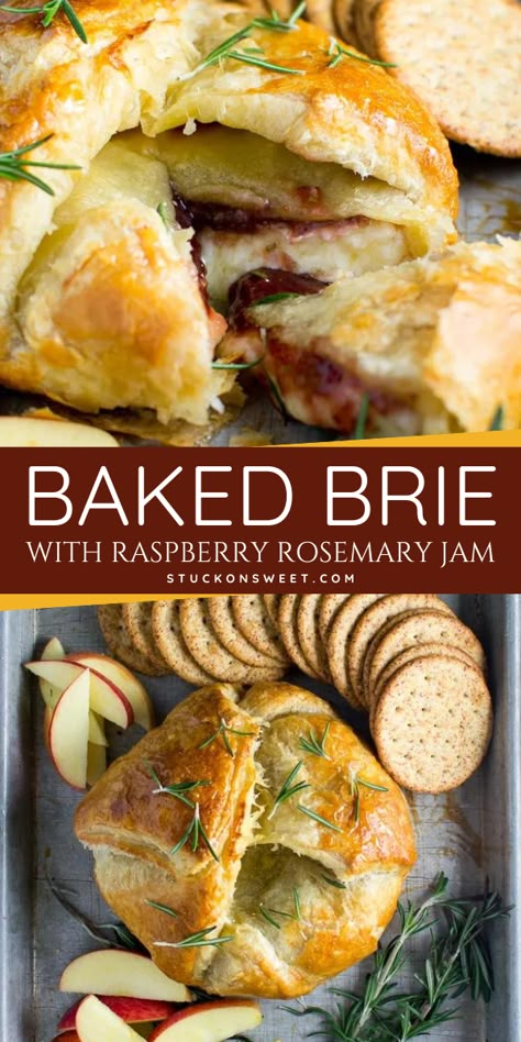 Elevate your Thanksgiving dinner party with our fancy raspberry-baked brie! This easy Thanksgiving recipe features creamy brie with raspberry jam, creating a festive and delicious appetizer that's sure to impress your guests. Pin this recipe for later! Cranberry Rosemary Baked Brie, Thanksgiving Recipes Brie, Cheese And Jam Appetizers, Brie Jam Appetizer, Wrapped Baked Brie, Brie And Jam Appetizer Crescent Rolls, Baked Brie Jam, Crescent Roll Brie Recipes, Brie And Jam Puff Pastry