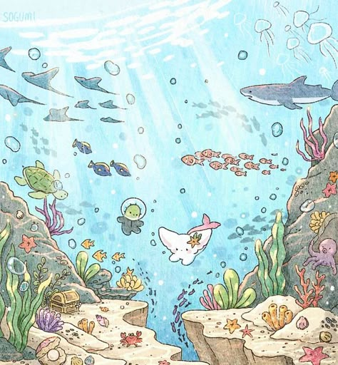 Underwater Art Aesthetic, Life Underwater Drawing, Underwater Ocean Drawing, Underwater Background Drawing, Aquarium Digital Art, Sea Monster Painting, Ocean School Project, Underwater Room Aesthetic, Fish Aesthetic Drawing