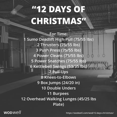 "12 Days of Christmas" WOD - For Time: 1 Sumo Deadlift High-Pull (75/55 lbs); 2 Thrusters (75/55 lbs); 3 Push Press (75/55 lbs); 4 Power Cleans (75/55 lbs); 5 Power Snatches (75/55 lbs); 6 Kettlebell Swings (53/35 lbs); 7 Pull-Ups; 8 Knees-to-Elbows; 9 Box Jumps (24/20 in); 10 Double Unders; 11 Burpees; 12 Overhead Walking Lunges (45/25 lbs Plate) Wods Crossfit, Crossfit Workouts Wod, Sumo Deadlift, Ascending Order, Walking Lunges, Crossfit Workouts At Home, Kettlebell Cardio, Crossfit At Home, Christmas Workout