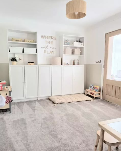 Playroom Fitted Storage, Playroom Cabinets Toy Storage, Playroom Storage With Doors, Toy Room Storage Ideas Diy, Flex Room Storage Ideas, Cabinets For Toy Storage, Built In Shelves Playroom Toy Storage, School Storage Ideas For Home, Preppy Playroom Ideas