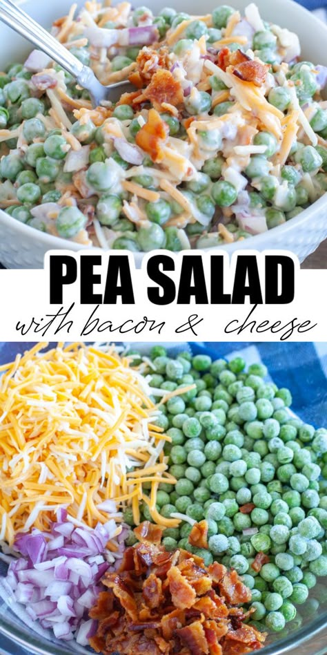 Bowl of peas, cheese, bacon and onion. Pea Onion Bacon Salad, Bacon Pea Salad 12 Tomatoes, Creamy Peas Side Dishes, Bacon And Pea Salad, Sweet Pea Salad Easy, Loaded Pea Salad, Easy Side Salads Simple, Best Side Salads For Bbq, Easter Pea Salad