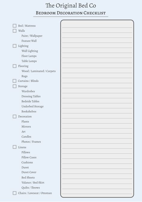 New Bedroom Checklist, Bedroom Decor Checklist, Room Makeover Checklist, Bedroom Makeover Checklist, Room Makeover List, Paris Room Ideas, Cafe Essentials, Redecorating Bedroom, Redecorate Room