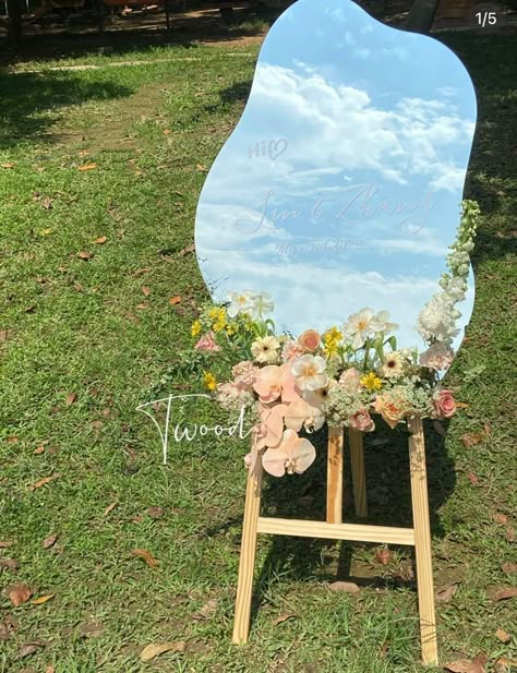 Functional Wedding Decor, Wedding Welcome Mirror With Flowers, Welcome Board Mirror, Mirror Welcome Board, Diy Wedding Mirror, Dinosaur Birthday Ideas, Fairytale Wedding Ring, Mirror Wedding Sign, Event Nails