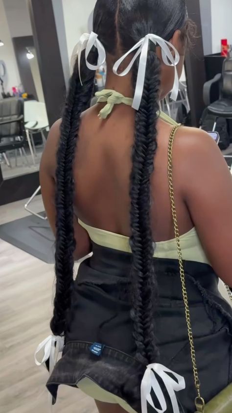 3 Part Braided Ponytail Hairstyles, 2 Long Braided Ponytails, Two Braids Protective Style, Two Pink Tails Hairstyle, Braided Ponytail With Scarf, Black Hair Two Braids, Two Braids Ponytail Black Women, Fish Tail Pig Tails, Two Fishtail Braids Black Women