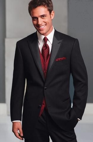 Black tux with burgundy tie by Freeman Black Tux With Burgundy, All Black Tux, Groomsmen Attire Black, Wedding Tux, Burgundy Tie, Groom And Groomsmen Attire, Groom Tuxedo, Black Tux, Groomsmen Suits