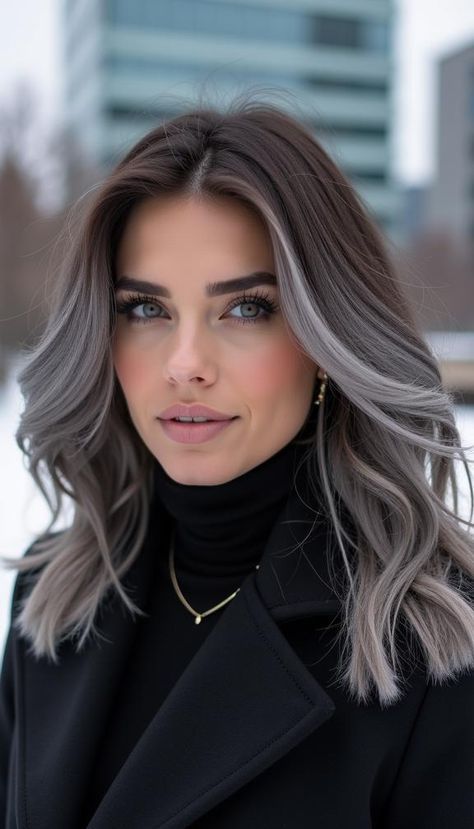 New Trending Hair Colors, Blonde Hair Colors For Winter, Winter Hair Color Blue Eyes, Dark To Gray Hair Transition, Platinum Brunette Hair, Winter Long Hair Color, Hair Colors For Brunettes Fall, Gorgeous Hair Color Highlights, What Color Hair For My Skin Tone