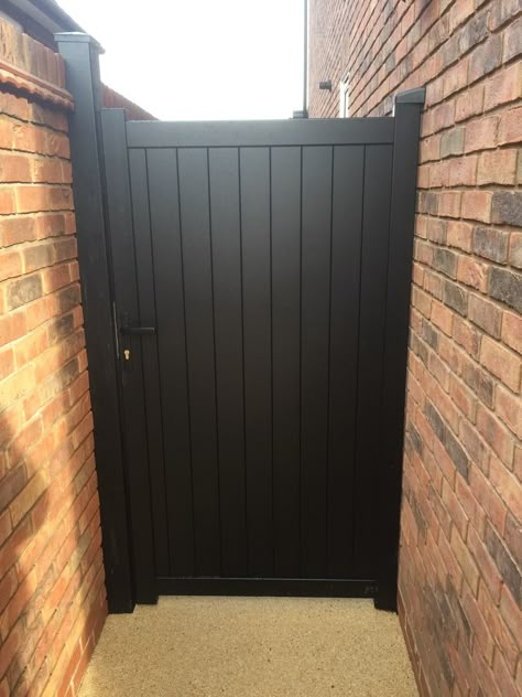 Side Gate & Pedestrian gate in Aluminium with solid infill,Vertical slats and a Flat top - Maintenance free - Choice of colours and dimensions · Barriers Direct Secure Garden Gate, Side Of House Gate, Solid Garden Gates, Garden Gate Colours, Black Side Gate, Side Gate Ideas Backyards Entrance, Side Gates Ideas Modern, Side Gates Metal, Modern Side Gate