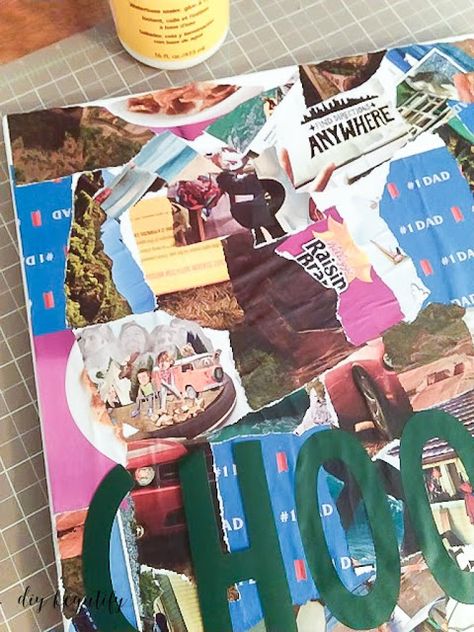 Canvas with torn magazine pieces | diy beautify Canvas Collage Ideas, Mod Podge Pictures, Canvas Collage, Magazine Pictures, Collage Ideas, Diy Magazine, Old Magazines, Vinyl Crafts, Diy Canvas