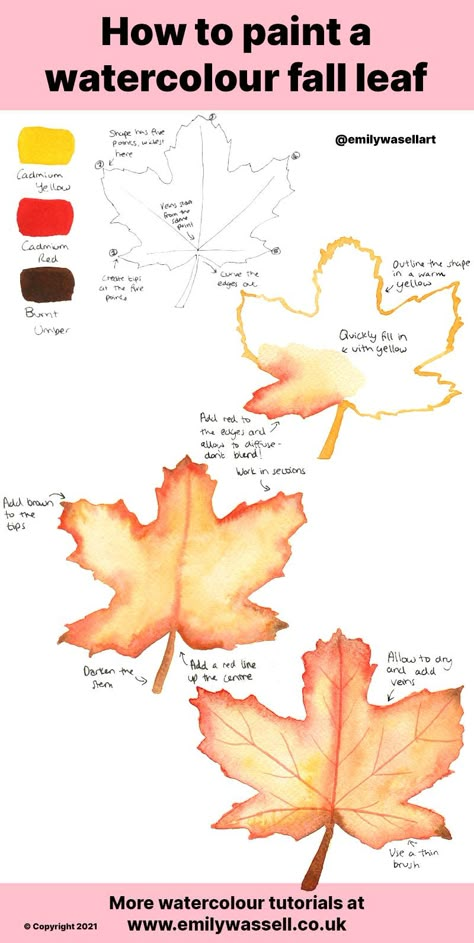 How to Paint an Autumn Leaf in Watercolour | Emily Wassell Autumn Leaves Painting Watercolors, Watercolour Fall Leaves, Watercolor Fall Leaves Tutorial, Watercolour Autumn Leaves, Simple Fall Watercolor Paintings, Autumn Leaf Drawing, Autumn Watercolor Paintings, Autumn Watercolour, Watercolour Leaf