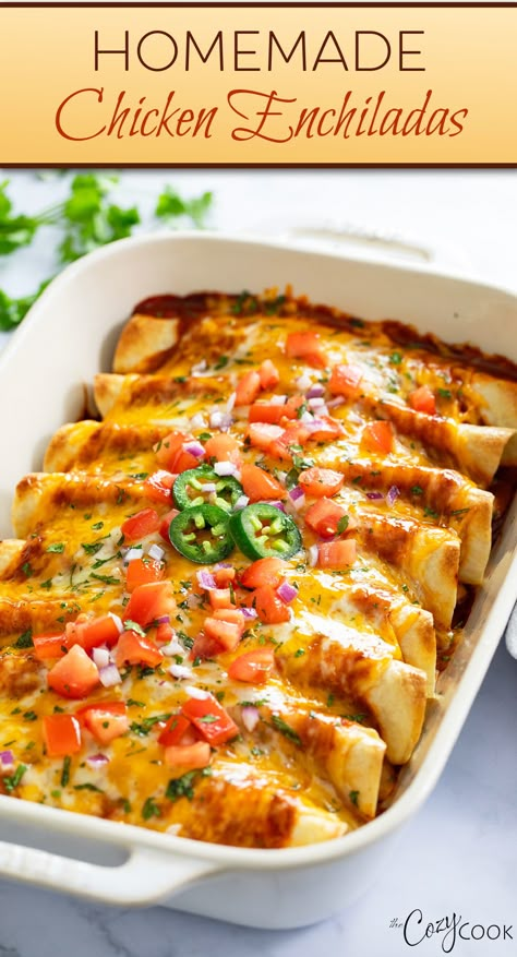 chicken enchiladas in a casserole dish Cozy Cook Chicken Enchiladas, Chicken For Mexican Dishes, Mexican Foods Easy, Enchilada Party Ideas, Easy To Make Mexican Food, Easy Mexican For A Crowd, Crispy Chicken Enchiladas, Quick Chicken Enchiladas Easy Dinners, Mexican Sancho Recipe