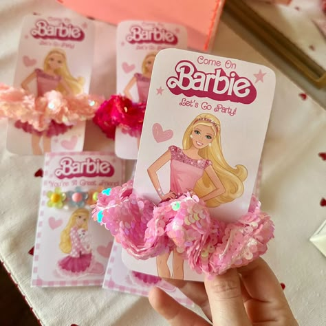 DIY Barbie Birthday Favors Diy Barbie Valentines, Barbie You Can Be Anything Party, Barbie Party Favors Ideas, At Home Barbie Party, Barbie Theme 3rd Birthday, Barbie Birthday Favor Ideas, Kid Barbie Birthday Party, Barbie Giveaways Ideas, Barbie Skate Party Ideas