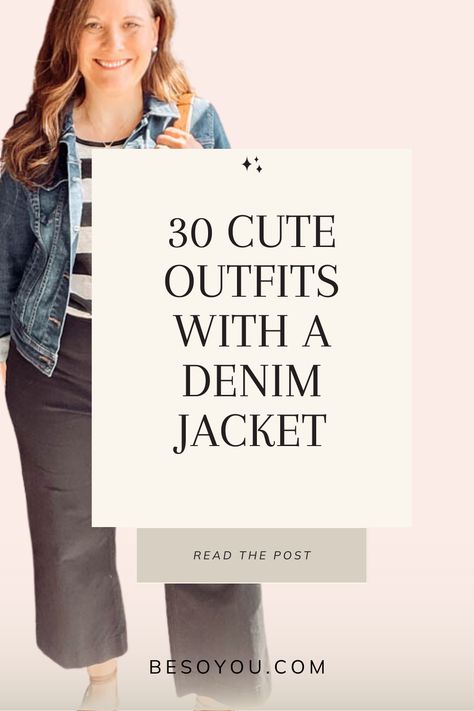 See 30 casual and dressy jean jacket outfits for cold and warm weather. Discover all the different ways you can wear your denim jacket. Casual Jean Jacket Outfits Winter, Jean Jacket Outfits For Work Offices, Women’s Outfits With Jean Jackets, Black Pants With Jean Jacket Outfit, Jean Jacket Teacher Outfit, Dressing Up A Jean Jacket, Denim Jacket On Denim Jeans, Denim Jacket Outfit Work, Denim Jacket Styling Women