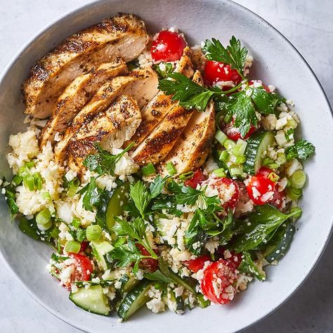 Spiced Grilled Chicken with Cauliflower "Rice" Tabbouleh Recipe | EatingWell Anti Inflammation Recipes, Grill Time, Mediterranean Chicken, Baby Summer, Dash Diet, Dinner Plan, Mediterranean Diet Recipes, Heart Healthy Recipes, What To Cook