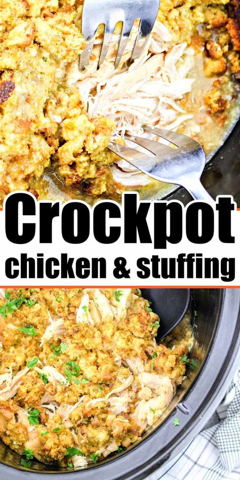 Chicken and stuffing Crockpot recipe. Breasts with Stove Top cooked together in a slow cooker to shredded, tender and delicious for dinner. Stuffing Crockpot, Crockpot Chicken And Stuffing, Stove Top Stuffing Recipes, Boneless Skinless Chicken Breast Recipes, Skinless Chicken Breast Recipes, Chicken Stuffing Casserole, Chicken And Stuffing, Chicken Stuffing, Crockpot Chicken Breast