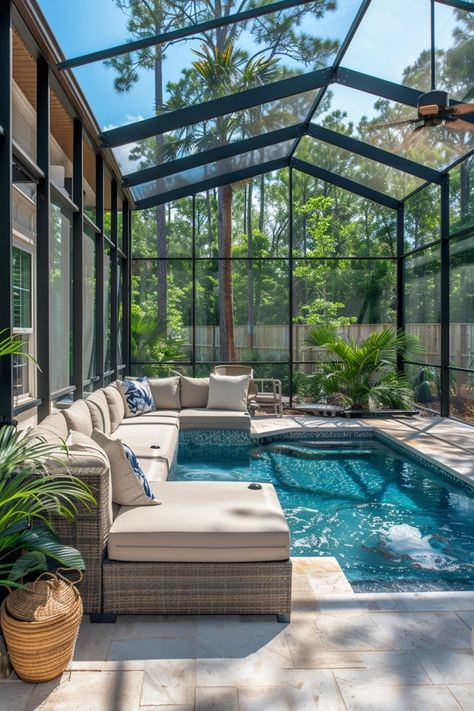 Screened in Pool Ideas for Your Backyard Oasis Small Pool With Screen Enclosure, Pool Screen Enclosures, Pool Screening Ideas, Pool Enclosures Screened, Covered Patio And Pool, Greenhouse Pools, Screened In Pool Decorating Ideas, Screened In Pool Ideas, Enclosed Pool Patio Ideas