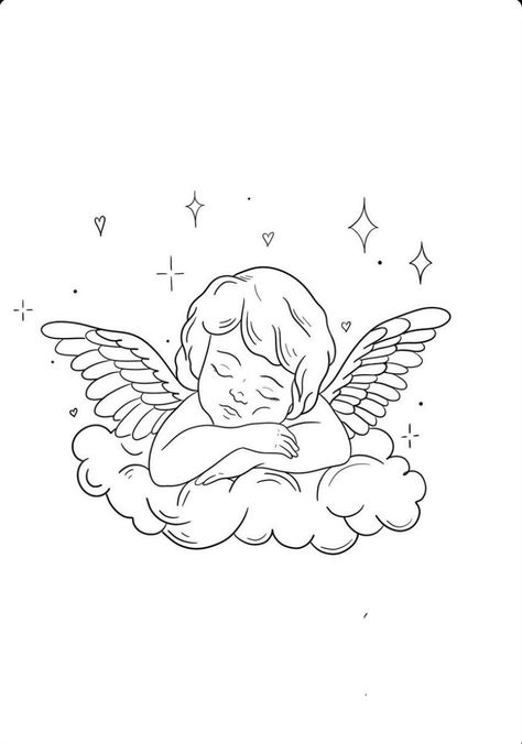 Clouds Outline Tattoo, Angel Sleeping On Cloud Tattoo, Angel Cherub Drawing, Cherub Tattoo Stencil, Cloud Tattoo Aesthetic, Angel On A Cloud Tattoo, Cherub Cloud Tattoo, Cherub On Cloud Tattoo, Angel Cloud Tattoo