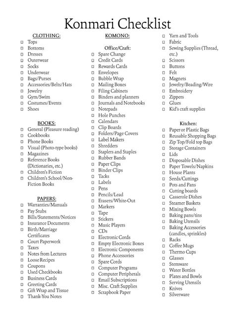 Konmari checklist. Simplicity living. Doing more with less. Marie Kondo. Minimalist House List, Konmari Method Checklist, Konmari Aesthetic, Marie Kondo List, Mari Kondo Organizing, Marie Kondo Aesthetic, Marie Kondo Drawer Organizer, Marie Kondo Method, Marie Kondo Checklist