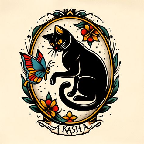 Old Style Tattoos American Traditional, Old School Black Cat Tattoo, Traditional Cat Tattoo Old School, American Style Cat Tattoo, Old Tattoo Style, Traditional Tattoo Style Art, Cool Tattoos Traditional, Black Cat Flowers Tattoo, Black Cat With Flowers Tattoo