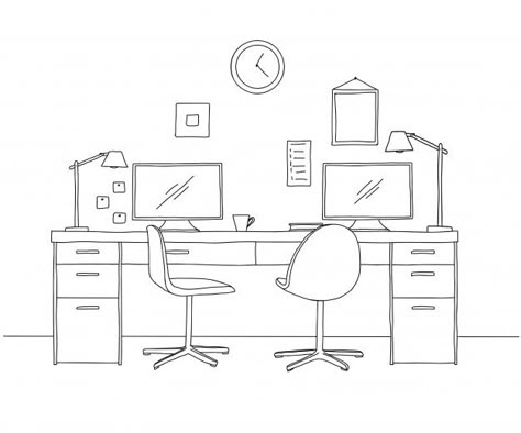 Sketch the room. office chair, desk, var... | Premium Vector #Freepik #vector #computer #line #office #table Desk Drawing Sketch, Study Table Drawing, Desk Sketch, School Computer Room, Office Sketch, Computer Sketch, Desk Drawing, Table Sketch, Office Drawing