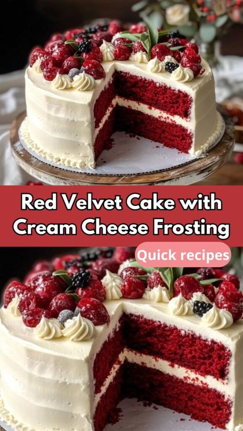 Looking for the perfect Red Velvet Cake recipe? This easy, moist, and flavorful cake features the classic red velvet flavor complemented by a tangy cream cheese frosting. Made with a rich blend of buttermilk, cocoa powder, and a touch of vanilla extract, this cake is soft, fluffy, and perfect for special occasions like birthdays, weddings, and holidays. Whether you’re making it for a Valentine’s Day treat or a festive celebration, this cake is sure to impress your guests with its vibrant color and indulgent taste. Plus, with simple ingredients like buttermilk, egg, and vegetable oil, you can easily recreate this moist red velvet cake in your own kitchen. Double Layer Red Velvet Cake, Ina Garten Red Velvet Cake, Cream Cheese Frosting Red Velvet Cake, Red Velvet Cake Without Cocoa Powder, Cream Cheese Frosting For Red Velvet, How To Decorate Red Velvet Cake, Simple Red Velvet Cake Recipe, Red Velvet Cake Cream Cheese Frosting, Red Velvet Cake For Christmas