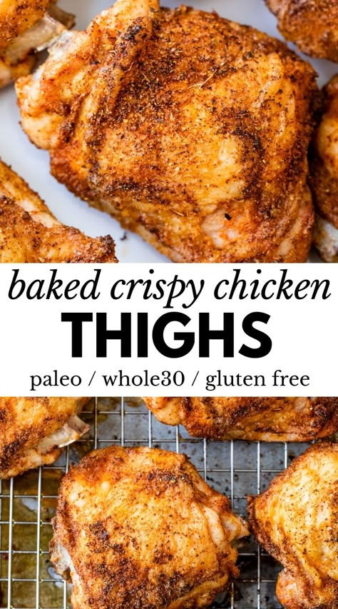 These easy Crispy Chicken Thighs are baked in the oven and a delicious main to pair with your favorite side dish. How To Get Crispy Chicken Skin In Oven, Bine In Chicken Thigh Recipes, Bake Chicken Thigh Recipes, Crispy Chicken Skin In Oven, Chickenthighrecipes Oven, Crispy Skin Chicken Thighs, Breaded Chicken Thighs Baked, Chicken Tight Oven Recipes, Baked Chicken Thighs And Legs Bone In