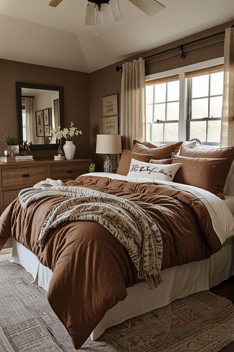 #masterbedroom #bedroomdecor #interiordesign #homedecor #bedroomideas #bedroominspiration #interiordecor #homeimprovement #designideas White Bedding With Brown Accents, Bedroom With Brown Headboard, Brown And Green Room Bedrooms, Rustic Cozy Bedroom Designs, Shades Of Brown Bedroom Ideas, Brown And Cream Bedding, Brown Duvet Cover Bedroom, Brown And Tan Bedroom Ideas, Brown Bed Decor