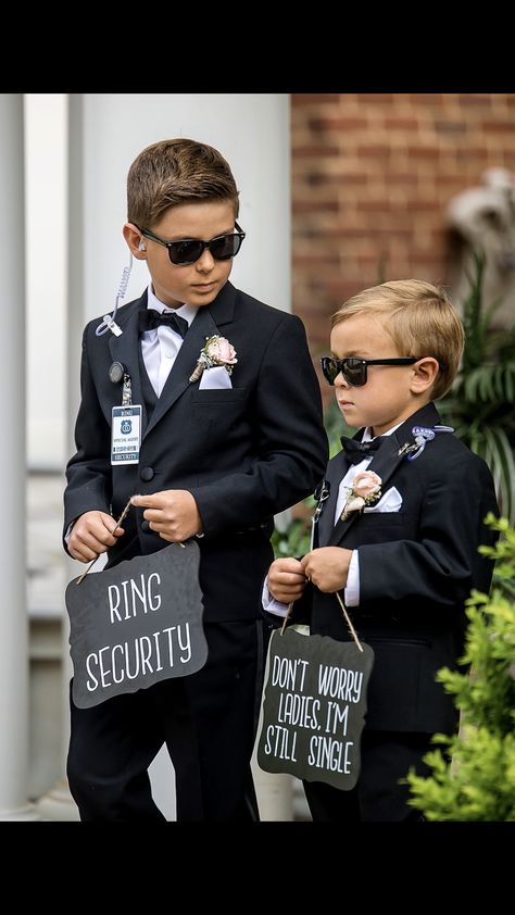 Security Guard Ring Bearer, Secret Service Ring Bearer, Ring Boy Security, Son Walking Bride Down Aisle, Wedding Security Guard, Wedding Bearer Ideas, Cute Ideas For Ring Bearers, Ring Barrier Security, Ring Bearer Security Guard Wedding Ideas