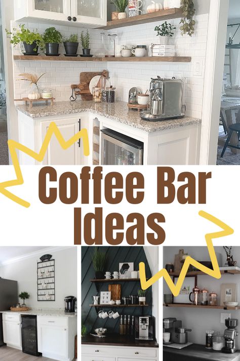 Corner Coffee Bar Ideas Station, Floating Shelves Coffee Bar, Coffee Bar Floating Shelves, Diy Corner Coffee Bar, Coffee Bar With Mini Fridge, Coffee Bar Ideas For Home, Coffee/wine Bar Ideas, Coffee Bar Shelves, Diy Coffee Bar Table