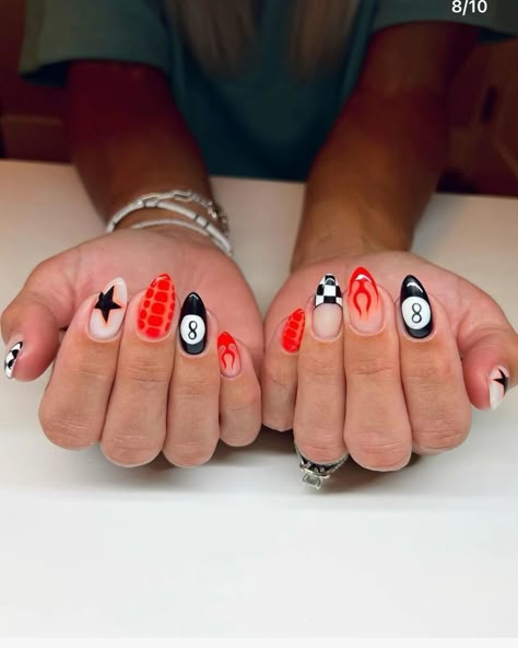 Harley Davidson Nails Designs Art Ideas, Nail Ideas Acrylic Western, Acrylic Nails With Different Designs On Each Nail, Funky Nails With Gems, Fun Retro Nails, Super Fun Nails, West Coast Nails, Red White And Blue Aura Nails, Koe Wetzel Nail Ideas