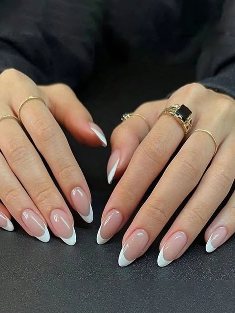 Press On French Tip Nails, White Tip Acrylic Nails Almond, White Nails W Design, Elegant Nails Classy French Tips, Cute Simple French Tip Nails, White Nails With French Tip, Different Types Of French Tip Nails, Gel X Extensions Nails, French White Tip Nails