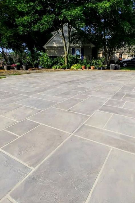 Concrete That Looks Like Tile, Large Stamped Concrete Patio, Tile In Backyard Patio, Farmhouse Stamped Concrete, Stamped Concrete Vs Paver Patio, Paver Concrete Patio, Concrete Hardscape Backyard, Paving Stone Patio Diy, Concrete Patio Before And After