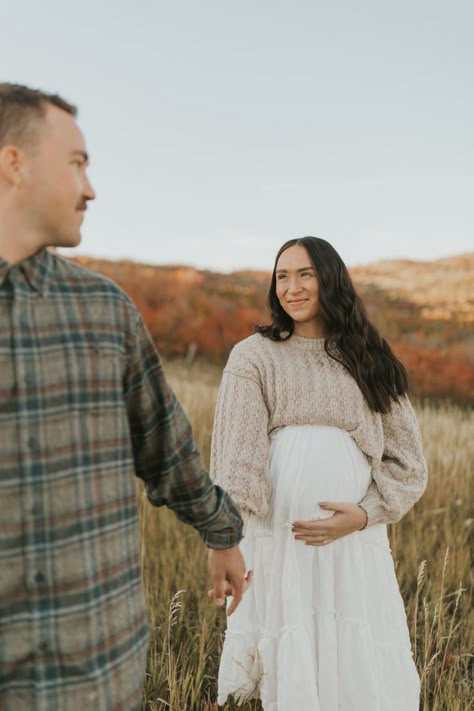 Couple’s Maternity Shoot, October Maternity Pictures Couple, Maternity Photography With Shoes, Cozy Fall Maternity Photos, Cozy Outdoor Maternity Shoot, Bump Pics With Husband, Fall Park Maternity Photos, Fall Maternity Photos Mountains, Maternity Photography Poses Couple Fall