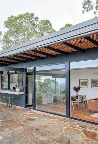 Open Living Room Design, Terrace Floor, Shed Homes, Open Living Room, Stone Cottage, Australian Homes, Container Home, Mid Century Modern House, Indoor Outdoor Living