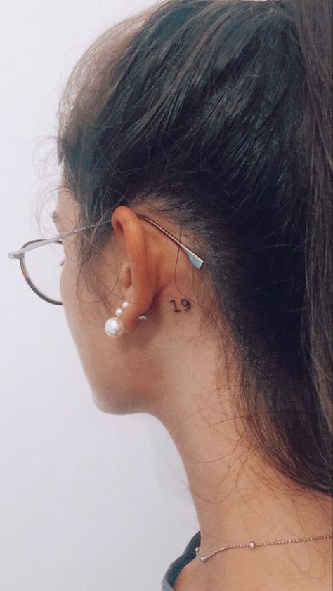 19 Tattoo Number Ideas, Tattoo Behind Ear Number, 19 Tattoo Number Fonts, Year Behind Ear Tattoo, Behind The Ear Number Tattoo, 12 21 Tattoo, Year Tattoo Behind Ear, Birth Year Behind Ear Tattoo, 19 Number Tattoo