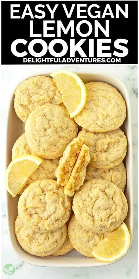 Indulge in these easy vegan lemon cookies—soft, chewy, sweet, and tangy, bursting with fresh lemon flavor, they're simply irresistible! They're quick to whip up, ready in under 30 minutes, and easily adaptable to a gluten-free version if necessary. Perfect for snacking or tucked into lunch boxes, these delectable lemon treats are perfect to add to your vegan baking list! Vegan Lemon Cookies Easy, Lemon Cookies Vegan, Vegan Easy Cookies, Non Dairy Baking Recipes, Quick Vegan Sweet Treats, Dairyfree Dessert Recipes, Sweet Simple Vegan, Vegan Lemon Desserts Easy, Eggless Lemon Cookies