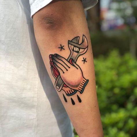 Praying Hands And Wrench Tattoo Monkey Wrench Tattoo, Wrench Tattoo, Music Lyric Tattoos, Hammer Tattoo, Praying Hands Tattoo, Tool Tattoo, Brain Tattoo, Monkey Wrench, Tool Band