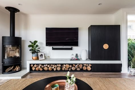 Wood Modern Living Room, Corner Log Burner, Living Room Black White, Corner Wood Stove, Modern Living Room Black, Wood Burning Stoves Living Room, Log Burner Living Room, Fire Wood, Freestanding Fireplace