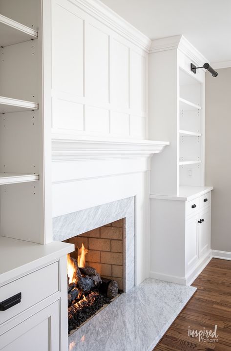 Fireplace Set Back In Wall, Built In Side Of Fireplace, Fireplace Built In Lighting, Built Ins Around A Fireplace, Fireplace Ideas With Bookcases, Cabinets And Fireplace, Storage On Either Side Of Fireplace, Built Ins Flanking Fireplace, Bookshelves On Sides Of Fireplace