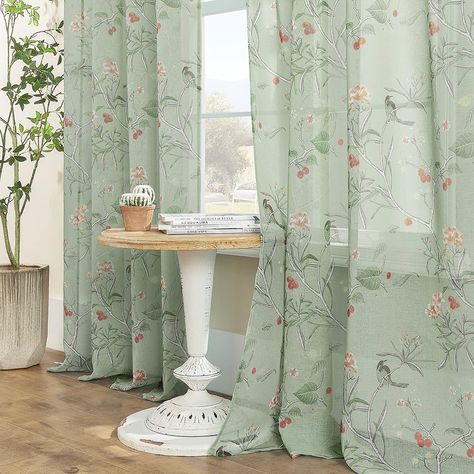 Spring Prints Pattern, Light Green Curtains, Pretty Curtains, Sage Green Curtains, Bird Branch, Retro Curtains, Decorative Curtains, Bathroom Window, Green Curtains