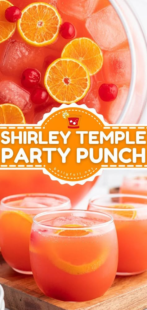 Shirley Temple Party Punch, summer drinks, non alcoholic drinks Virgin Punch Recipes Parties, Beverages For Party, Juice Ideas Party, Liquor Punch Recipes, Juice Recipes For Parties, Beverage Ideas Non Alcoholic, Party Drinks Non Alcoholic, Party Drink Recipes Nonalcoholic, Birthday Party Punch Recipes Non Alcoholic