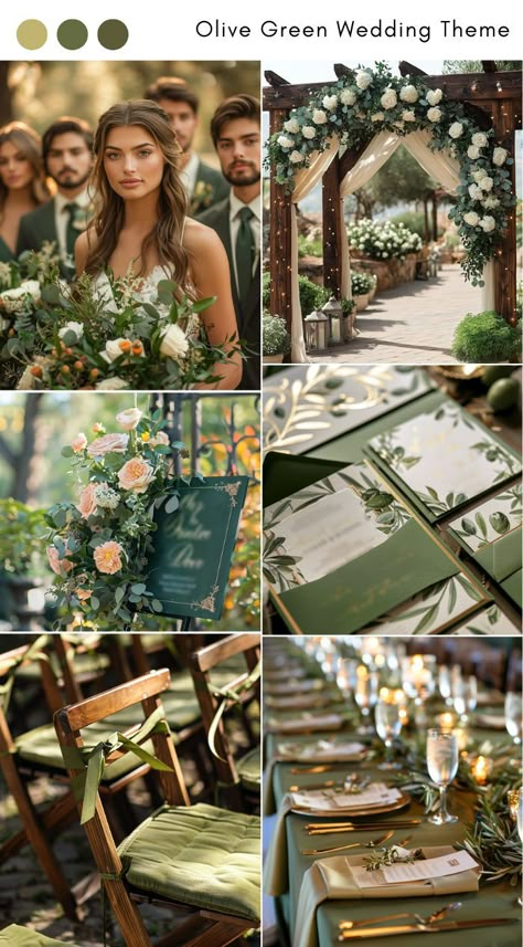 Olive green wedding theme ideas for a natural, earthy look. Spring Green Wedding Theme, Wedding Green Colour Schemes, Olive Green Wildflower Wedding, Sage Green And Caramel Wedding, Wedding Earthy Theme, Celestial Green Wedding, Summer Color Wedding Theme, Green Outdoor Wedding Theme, Yellow Green And Brown Wedding